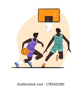 A black man playing basketball vector cartoon illustration. Player in form dribbles in flat style. Champions league design poster.
