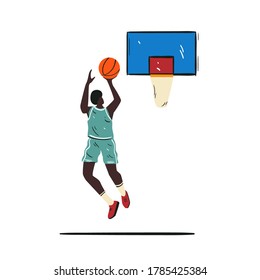 A black man playing basketball vector cartoon illustration. Player in form dribbles in flat style. Champions league design poster.