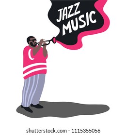 Black man is playing on a trumpet. Jazz musician. Isolated vector illustration. 