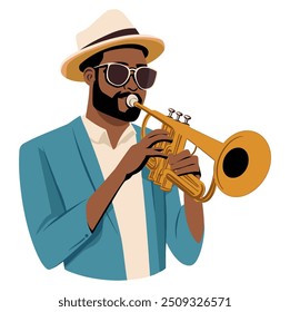 Homem Negro Tocando Trompete. Ilustração de vetor plano