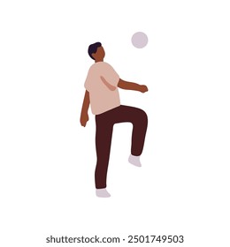 Black man plays football. Young sportsman kicks, picks up the ball with knee. Soccer player training skills to match. Athlete goes sport game. Flat isolated vector illustration on white background