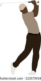 A black man plays golf and swings his golf club to hit the ball