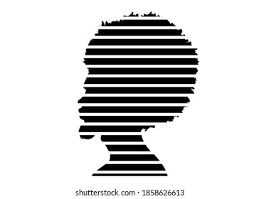 black man portrait with afro curly design, Barber shop and hairstyle. Healthy sporty young black man silhouette with beard. Vector isolated avatar of rapper on white background in stripes pattern 