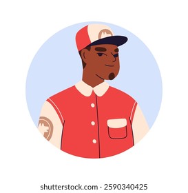 Black man portrait. Male avatar with baseball cap, jacket. African-American hip-hop artist in street style apparel, user profile in circle. Flat vector illustration isolated on white background