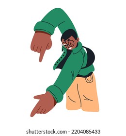 Black man presenting, advertizing smth with happy expression. African-American guy showing with arm gesture, hands and fingers pointing down. Flat vector illustration isolated on white background.