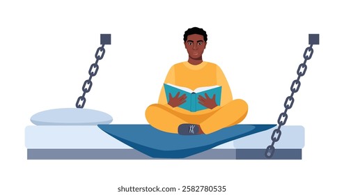 Black man in prisoners cell. Serving time for crime. Violation of law. Guy in orange uniform reading book. Jail interior. Convicted lawbreaker sitting on bed.