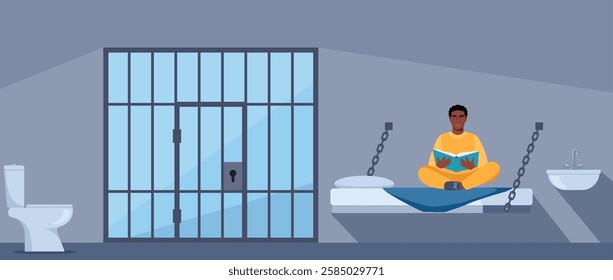 Black man in prisoners cell. Serving time for crime. Violation of law. Guy in orange uniform reading book. Jail interior. Convicted lawbreaker sitting on bed.