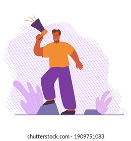 Black man protesting for their rights.African american man holds loudspeaker.Vector flat cartoon style.Protesting people.