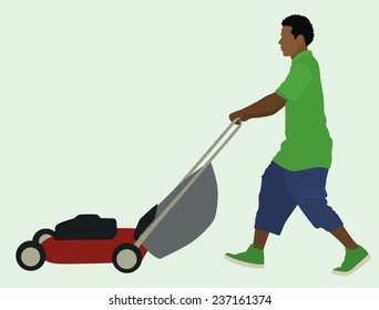 Black Man Pushing Lawnmower