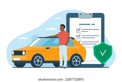 El hombre negro puso su mano en el techo de su auto y mira hacia adelante con confianza mientras tiene una póliza de seguro. Seguro de coche. Ilustración vectorial.