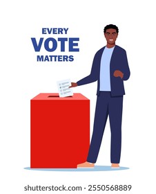Black man putting vote paper into Election Box. Every vote matters. Vector Illustration