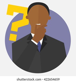 Black man with a question mark. Person doubts. "I don't know" expression. Making decision sign. Flat design. Vector illustration
