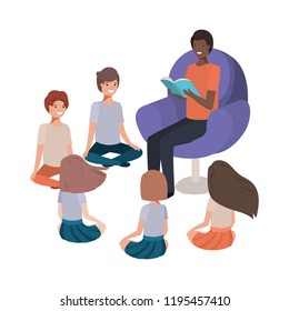 black man reading book in the sofa with kids