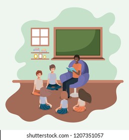 black man reading book in the sofa with kids