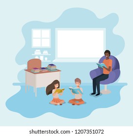 black man reading book in the sofa with kids