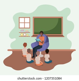 black man reading book in the sofa with kids