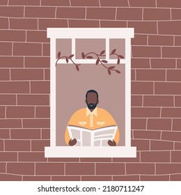 Black man is reading a newspaper by the open window. View from the street side. Vector illustration