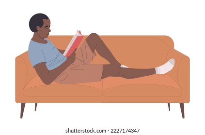 Black man relaxing on the couch and reading a book. Education hobby concept vector illustration
