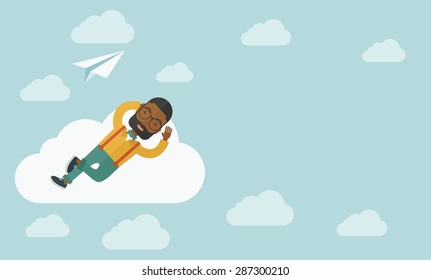 A black man is relaxing while lying on a cloud with paper plane. A contemporary style with pastel palette soft blue tinted background with desaturated clouds. Vector flat design illustration