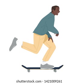 Black man ride on skateboard. African boy riding on board.