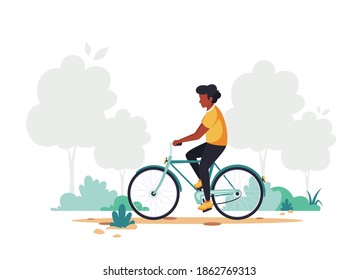 Black Man Riding Bike. Healthy Lifestyle, Sport, Outdoor Activity Concept. Vector Illustration In Flat Style.