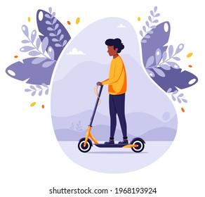 Black man riding electric kick scooter. Modern Eco transport. Vector illustration