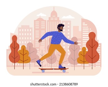 Black Man Riding Skateboard In City Park. Eco Friendly Active African American Boy Skateboarding On Street With Skyscrapers. Skateboard Rider Skating With Longboard In Ecological, Convenient City.