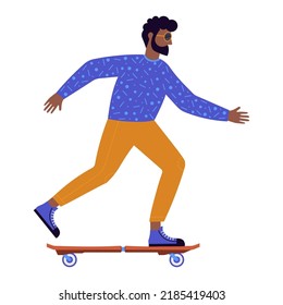 Black man riding skateboard. Eco friendly active african american boy skateboarding character. Skateboard rider on longboard isolated on white background.