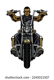 Black Man Riding Vintage Motorcycle in front view