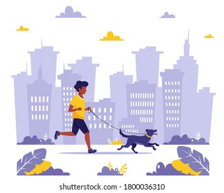 Black man running with dog in the city. Outdoor activities, healthy lifestyle, sport, exercises, jogging concept. Vector illustration in flat style.