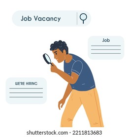 Black man search vacancy with magnifying glass. Male character looking, finding new work opportunities, vacancies, employment, career. Strategy concept, job search concept