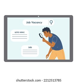 Black man search vacancy with magnifying glass on the screen of mobile device, tablet, monitor. Looking, finding new work opportunities, vacancies, employment, career. Strategy concept, job search