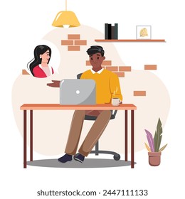 Black man seated at a desk, engaged in a video call with female colleague on his laptop. Business, freelance, working, home, office