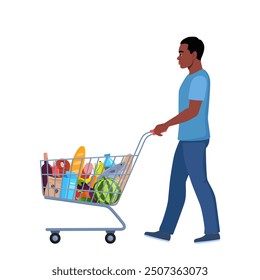 Black man with a shopping cart full of goods. Cheerful male buys food in grocery store. Supermarket trolley. Vector illustration