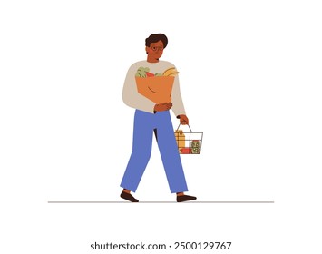 Black man shopping in grocery. Happy Guy walking with full basket of organic food and drinks. Male buys products in supermarket. Vector illustration