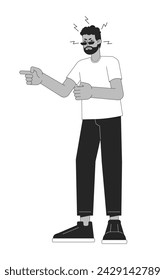 Black man shouting black and white 2D line cartoon character. Bad mood adult male isolated vector outline person. Gesture body language, emotional expression monochromatic flat spot illustration