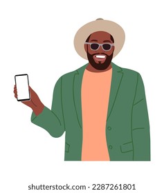 Black man showing mobile phone screen vector.