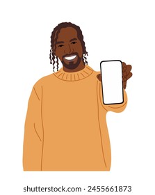 Black man showing mobile phone screen. African american guy holding smartphone with blank screen. Phone mockup. Flat vector cartoon illustration isolated on white background. Hand made, not AI genrate