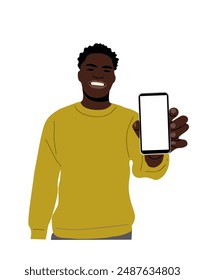 Hombre negro que muestra la pantalla del teléfono móvil. Hombre afroamericano sonriente sosteniendo smartphone con pantalla en blanco. Maqueta del teléfono, publicidad. Ilustración de dibujos animados de Vector plano aislado sobre fondo blanco