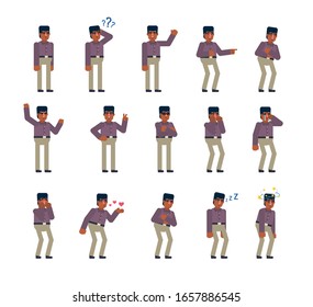 Black man showing various emotions set. Businessman crying, laughing, tired, suprised and showing other expressions. Flat design vector illustration
