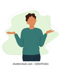 Black man shrugging with a curious expression, doubt or question, vector illustration in flat style

