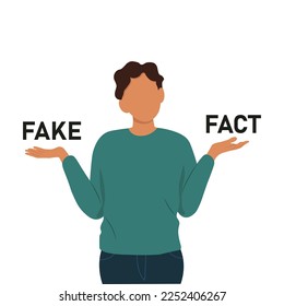 Black man shrugging with a curious expression and trying to choose between fake and fact, doubt or question, vector illustration in flat style

