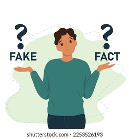 Schwarzer Mann zuckte mit einem seltsamen Ausdruck und versuchte, zwischen Fake und Fakt, Zweifel oder Frage zu wählen. Vektorgrafik in Flachstil

