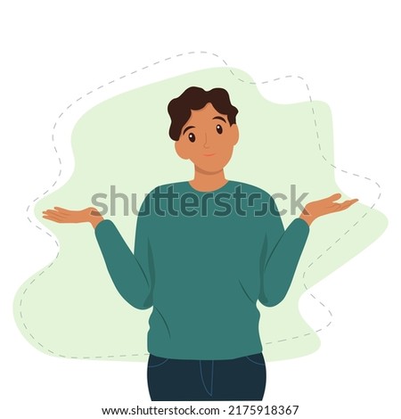 Black man shrugging with a curious expression, doubt or question, vector illustration in flat style

