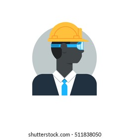 Black man side view, civil engineer in hard hat, white collar management. Flat design vector illustration. Male character turned head
