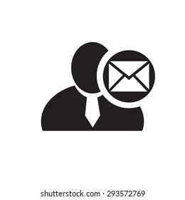 Black man silhouette icon with envelope or email symbol in an information circle, flat design icon for forums or web
