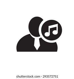 Black man silhouette icon with music note symbol in an information circle, flat design icon for forums or web