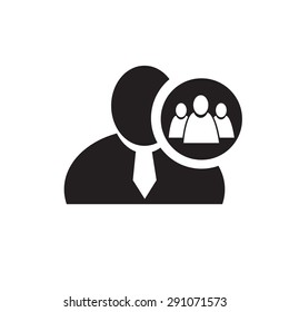 Black man silhouette icon with referral or group symbol in an information circle, flat design icon for forums or web