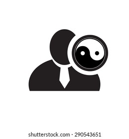 Black man silhouette icon with yin yang symbol in an information circle, flat design icon for forums or web