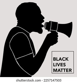 black man silhouette who is using megaphone for calling to action, side view